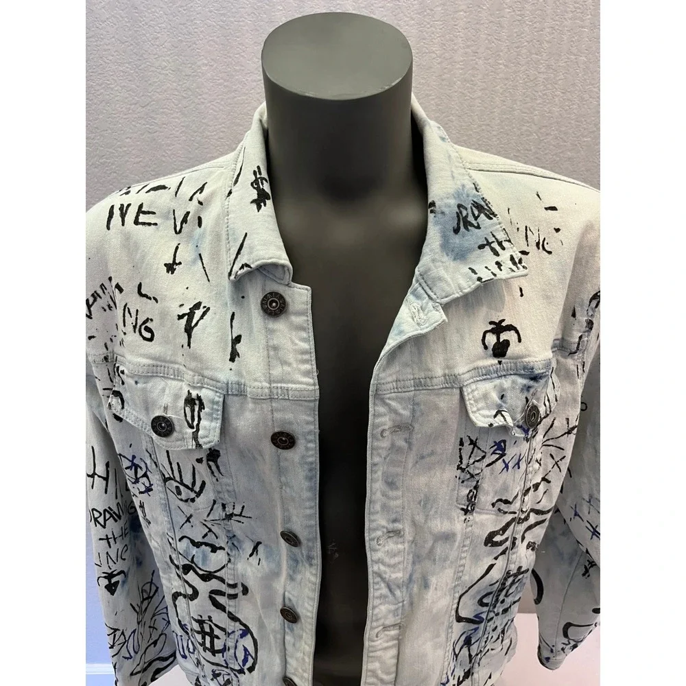 Graffiti All Over Print Denim Jacket Mens XL Light Wash Money Bags Streetwear